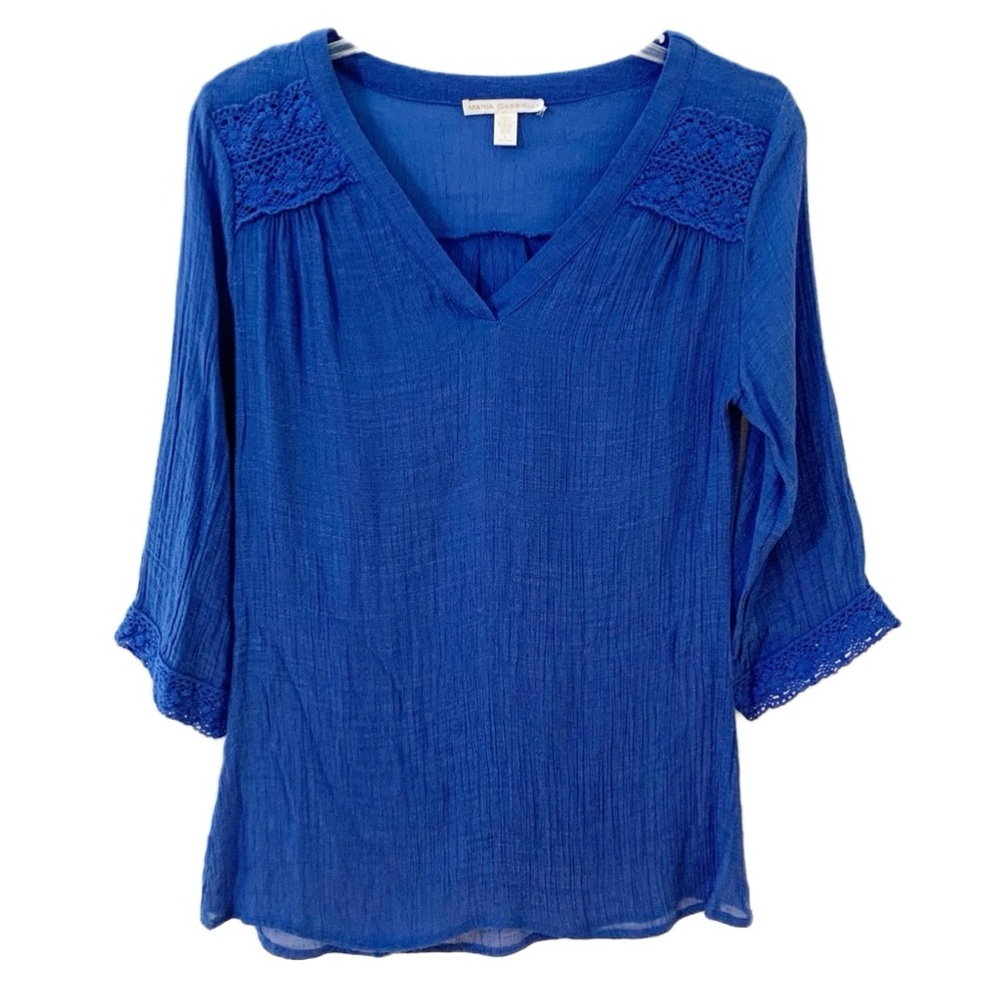 Maria Gabrielle Gauze and Crocheted Lace BlouseThree Quarter Sleeve Royal Blue💙